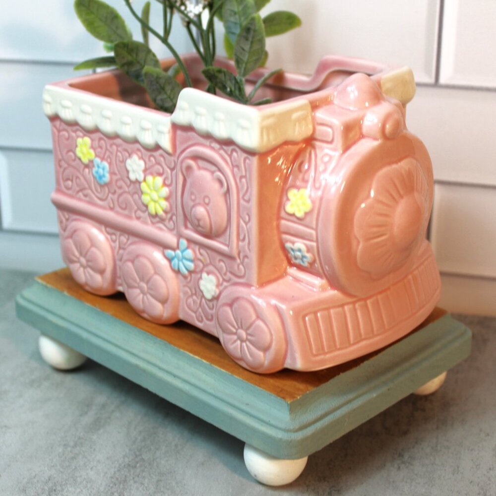 Vintage Pink Ceramic Train Napco Baby Planter Plant Holder Vase Bunny Bear